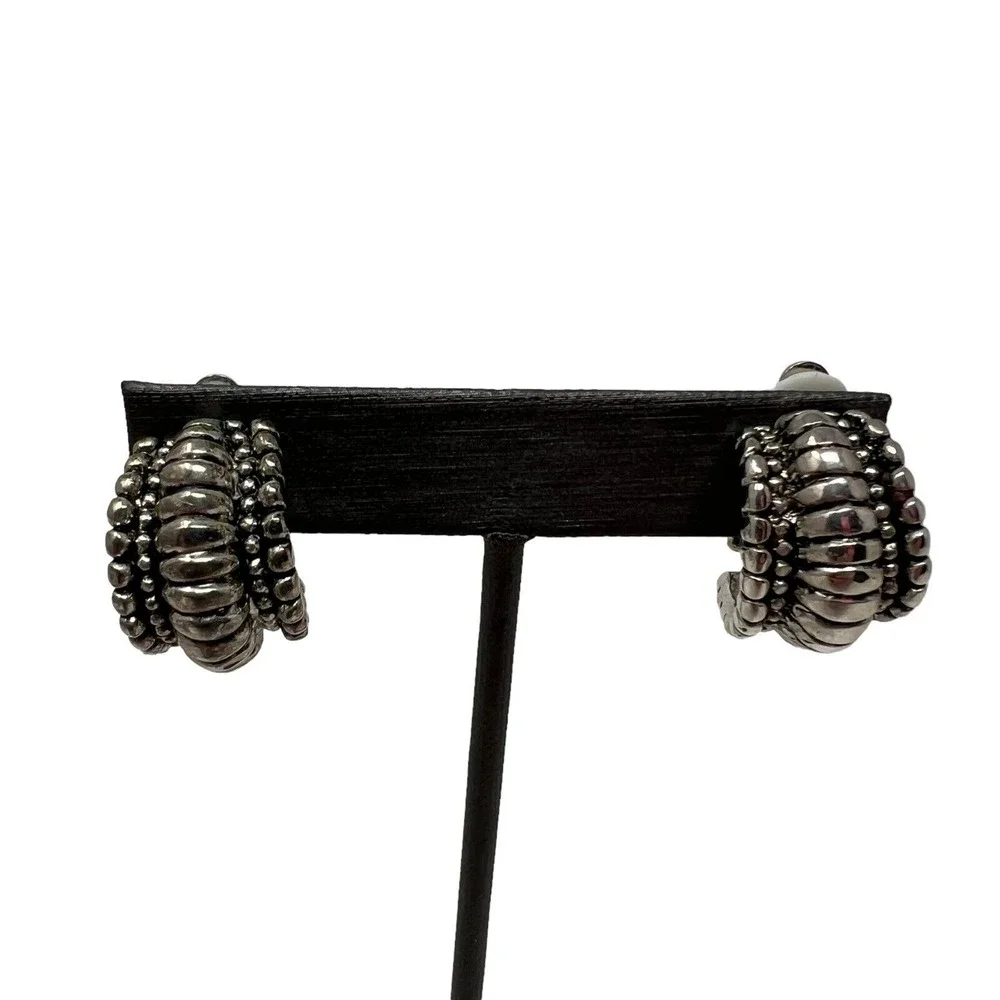Vintage Clip On‎ Earrings Silver Tone Metal Black Accent Hoops